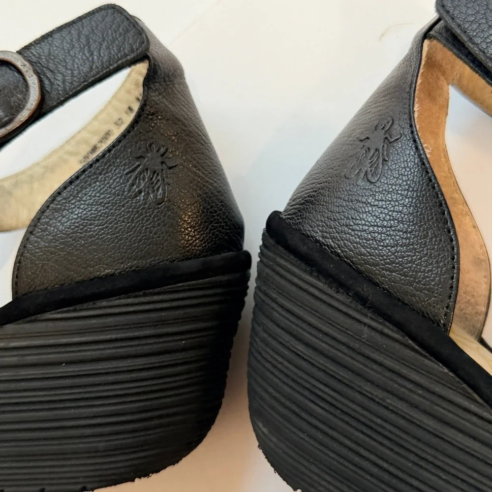 Fly London Yala Black Leather Suede Perforated Wedge Sandals Size 41 US 10-10.5